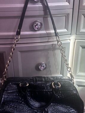 Brahmin Black Croc-Embossed Shoulder Bag with Gold Chain